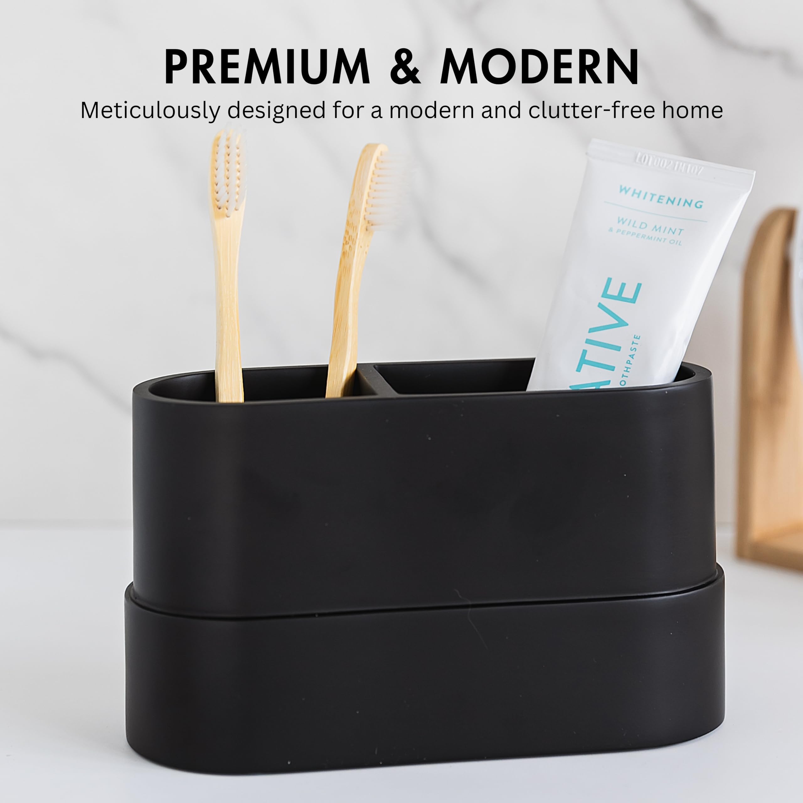 Yew Design Matte Black Large Toothbrush And Toothpaste Holder For Bathroom Vanity And Countertop, 2 Compartments Round Organizer
